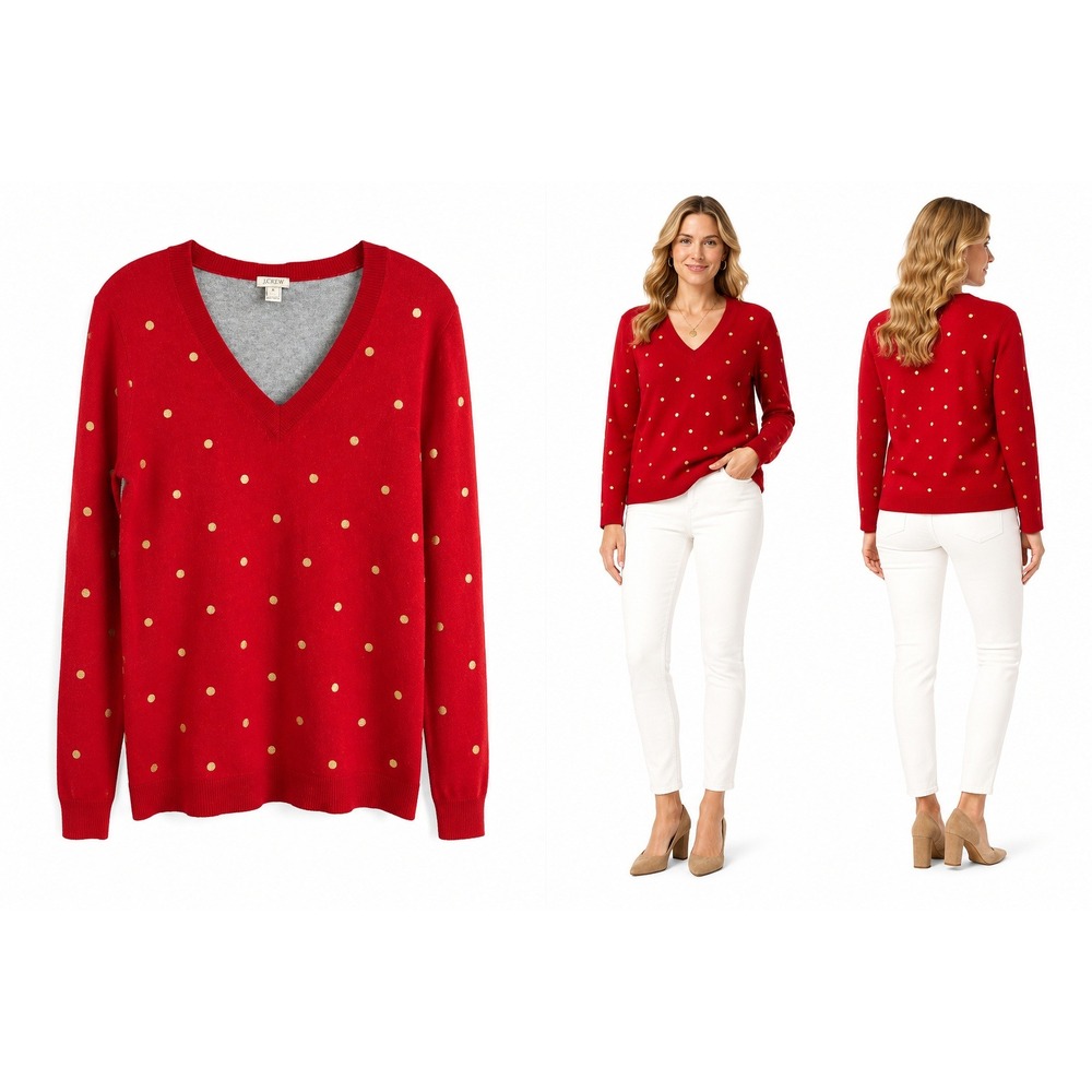 J.Crew Sweater M Red Polka Dot V-Neck Holiday Festive Classic Side Slit Preppy‎